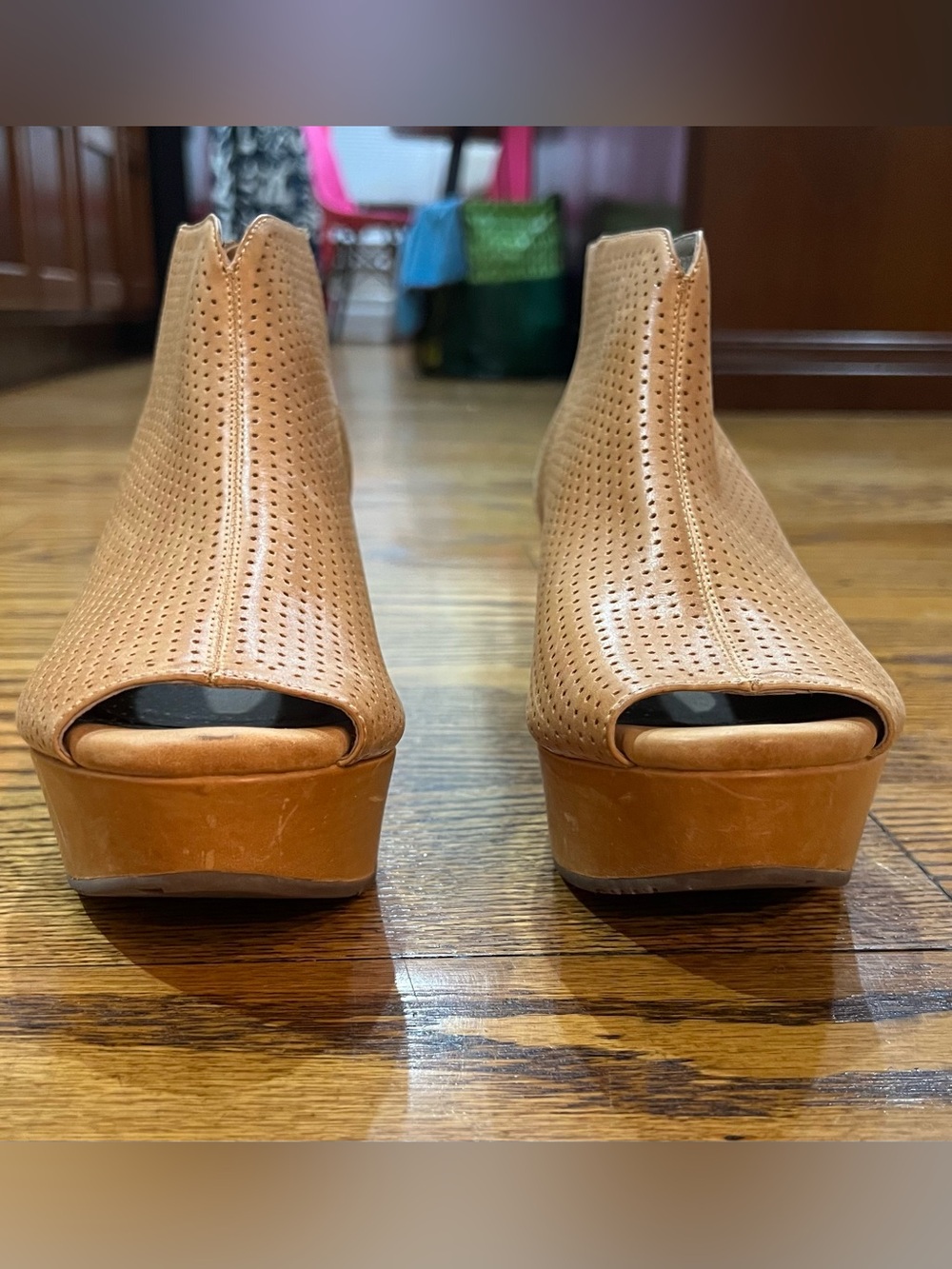Chocolat Blu Walee Leather Peep Toe Platform Bootie Sz 7.5 Camel Wedge Boho - Picture 2 of 13